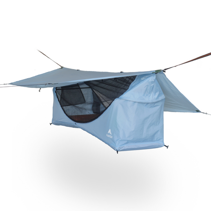 Blue hammock camping tent with a rainfly